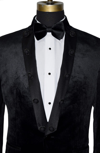 close up black velvet nehru collar tuxedo against a white background