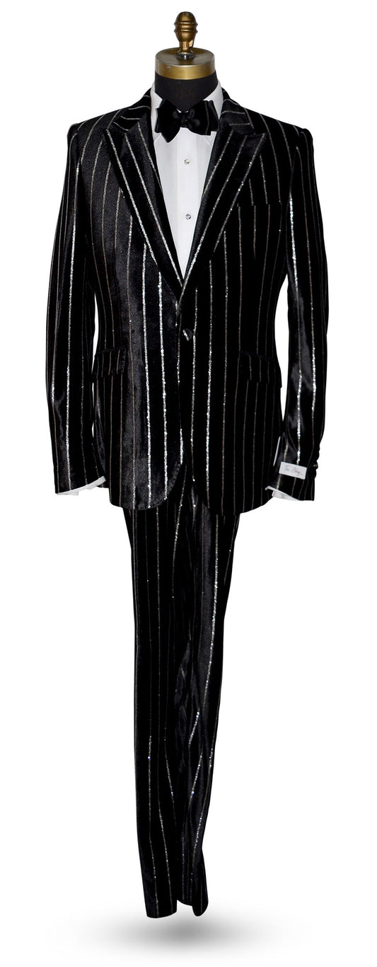 Black pinstripe suit on a mannequin against a white background