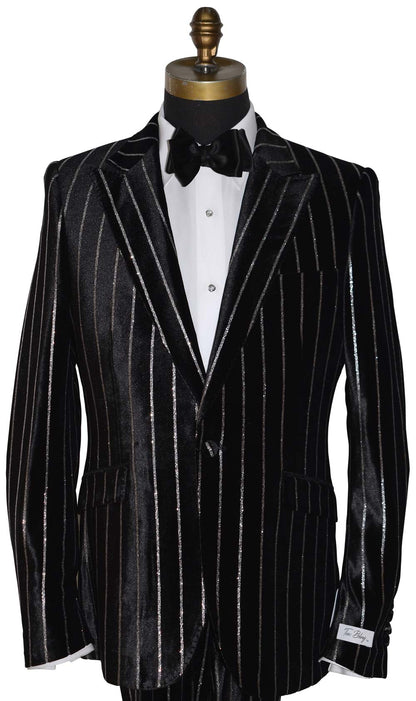close-up black pinstripe suit with a black satin bowtie on a mannequin against a white background