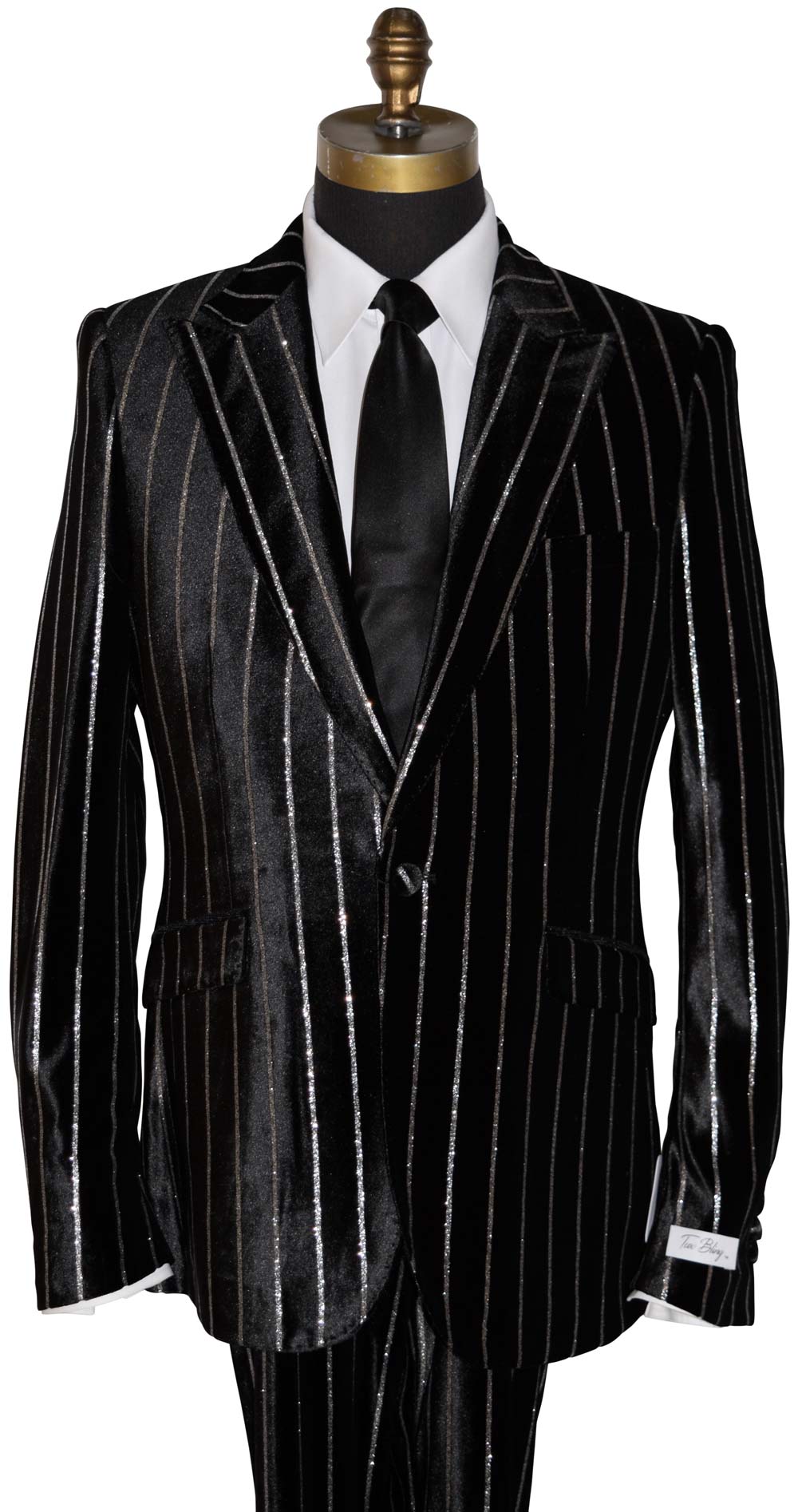 close-up mannequin wearing a black pinstripe suit on a mannequin with a long black necktie against a white background