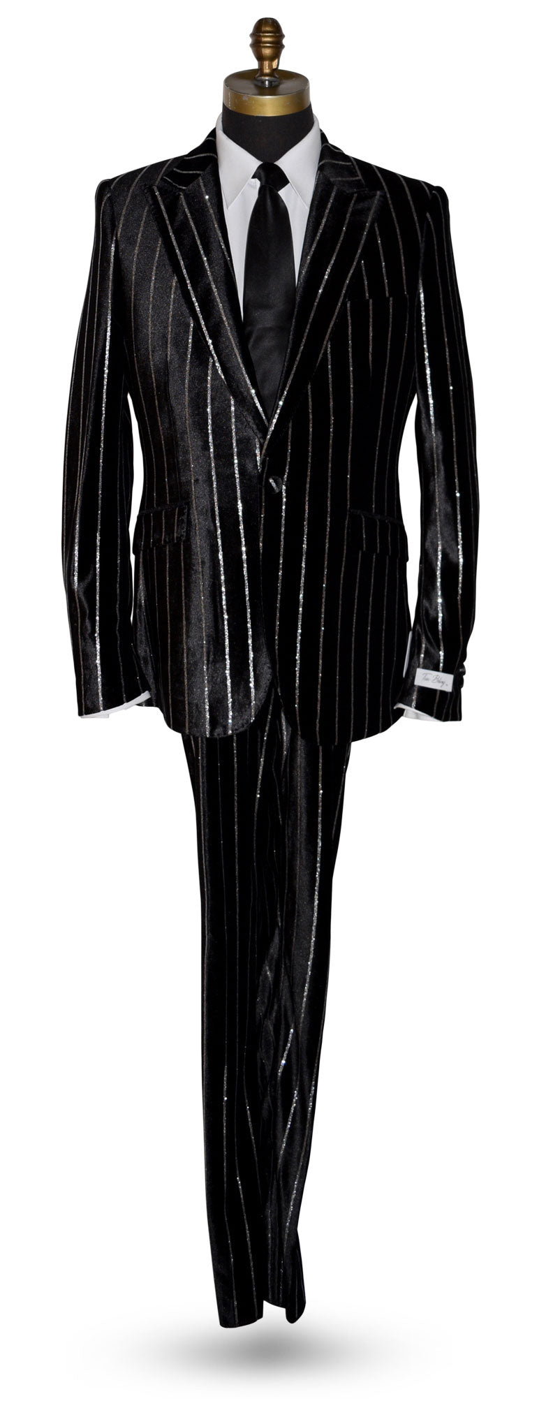 life size mannequin wearing a black pinstripe suit on a mannequin with a long black necktie against a white background