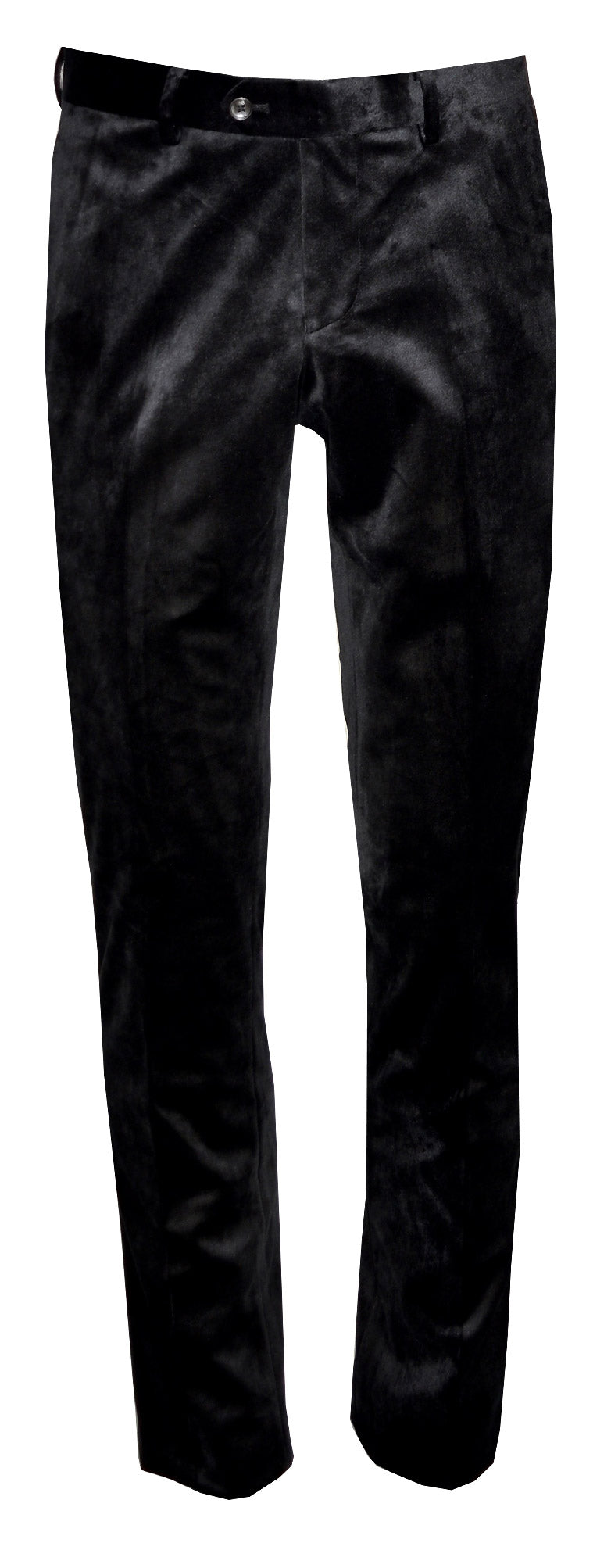 full length photo of black velvet slim fitting tuxedo pants