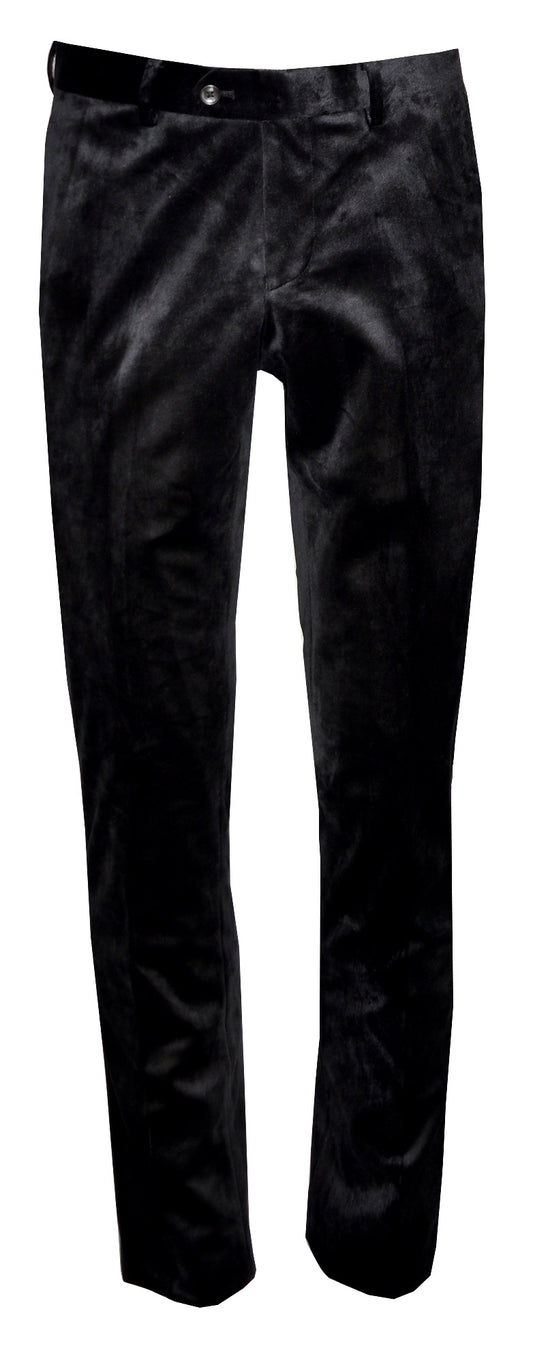 full length photo of black velvet slim fitting tuxedo pants