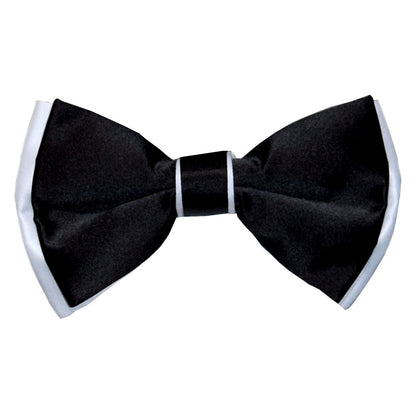 Black bow tie with white trim on a white background