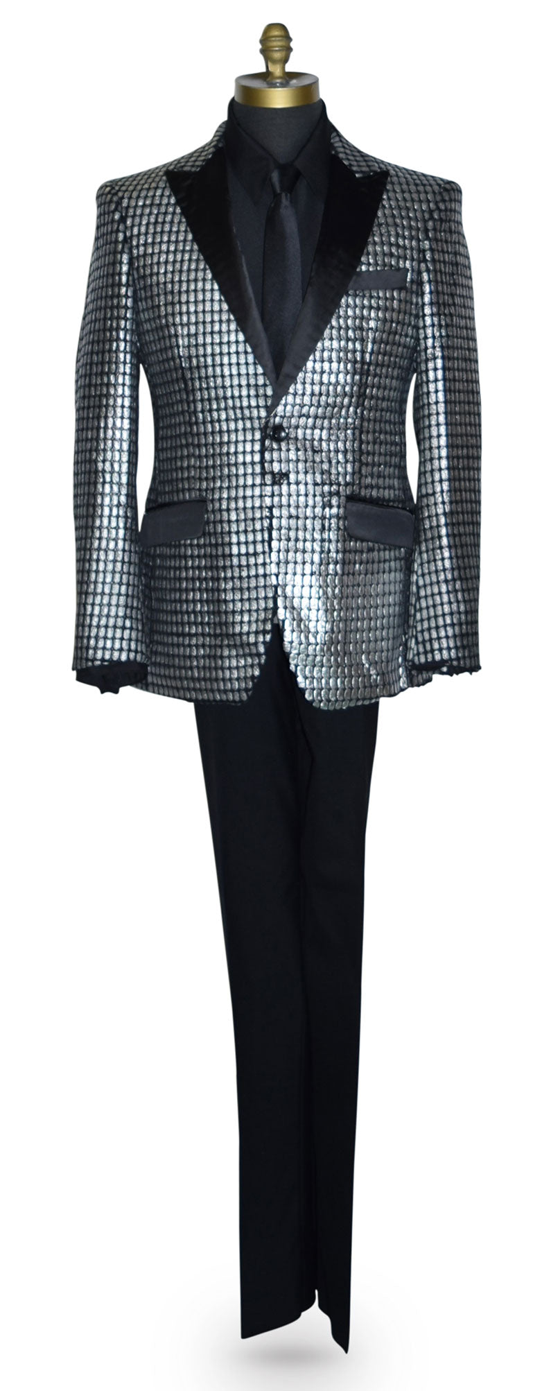 Silver and black tuxedo jacket and black pants on a mannequin against a white background