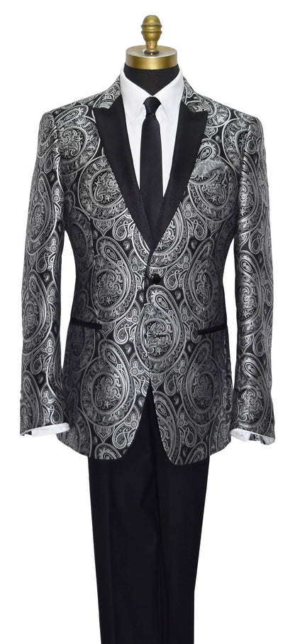 close-up mannequin wearing a black tuxedo with silver paisley with black tuxedo pants and a black satin skinny necktie against a white background