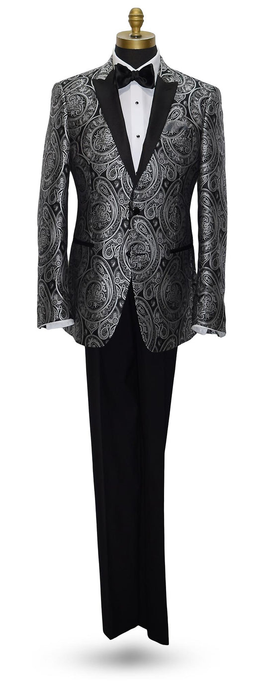 life size mannequin wearing a black tuxedo with silver paisley with black tuxedo pants and a black satin bowtie against a white background