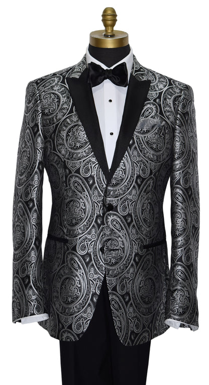 close-up  mannequin wearing a black tuxedo with silver paisley with black tuxedo pants and a black satin bowtie against a white background