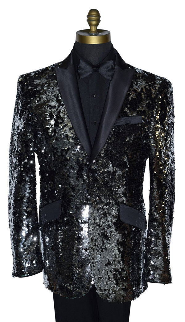 Close-up Black and silver sequin tuxedo jacket on a mannequin with a white background