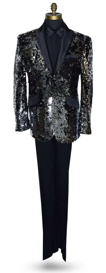 Black and silver sequin tuxedo jacket and pants on a mannequin against a white background
