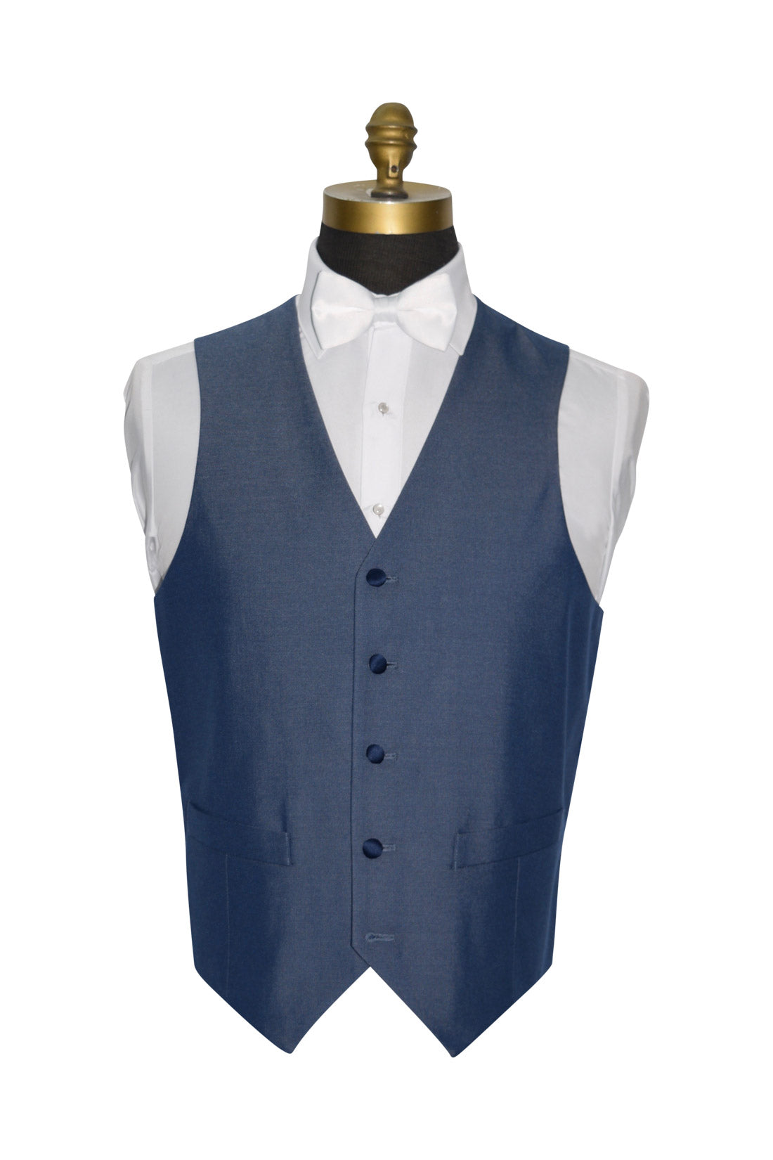 close-up blue tuxedo vest shown with white bowtie against a white background