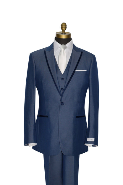 close-up mannequin wearing a Blue 3-piece peak lapel tuxedo with a white long necktie against a white background.