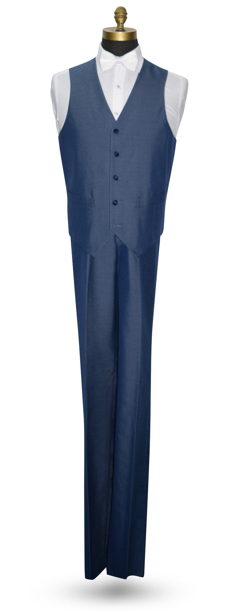 Blue 3 piece tuxedo vest with a white bowtie against a white background.