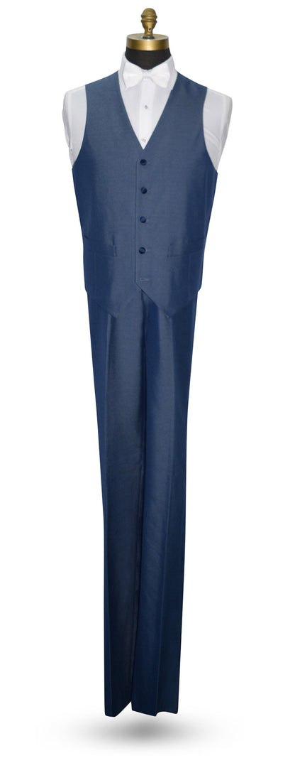 Blue 3 piece tuxedo vest with a white bowtie against a white background.