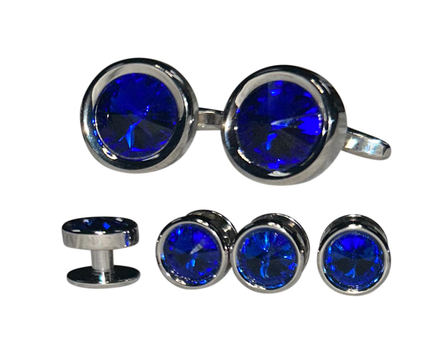 Cufflinks and matching studs with royal blue gemstones in a silver setting on a white background