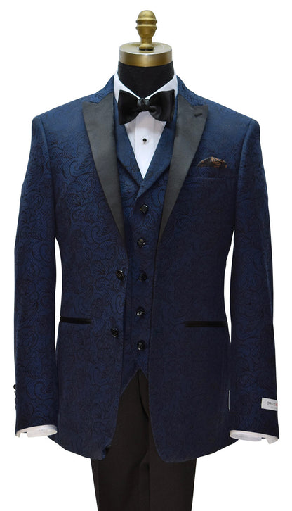 mannequin wearing a navy blue paisley tuxedo with matching navy blue paisley vest on a mannequin with a black satin bowtie against a white background