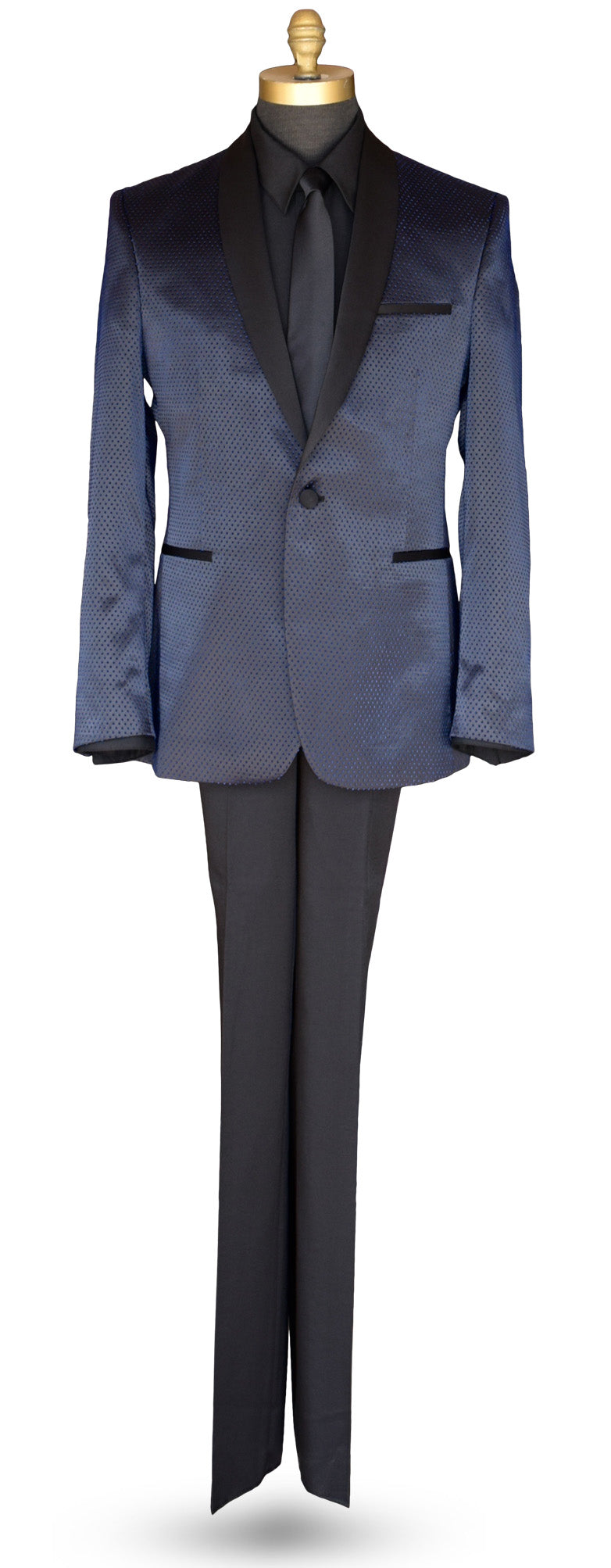 Life size mannequin wearing a blue shawl collar tuxedo with a black tuxedo shirt and long black necktie against a white background