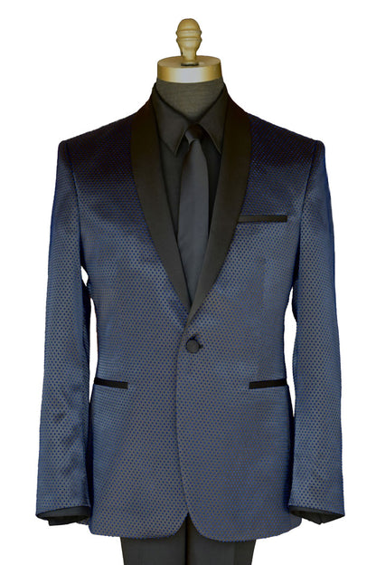 close-up mannequin wearing a blue shawl collar tuxedo with a black tuxedo shirt and long black necktie against a white background
