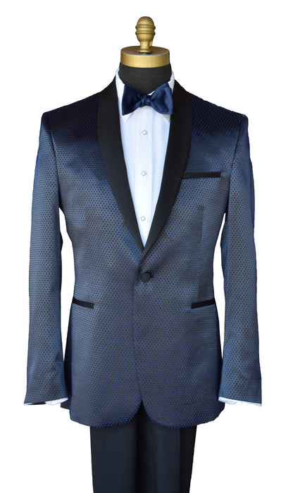close-up blue shawl collar tuxedo with a blue bowtie on a mannequin against a white background