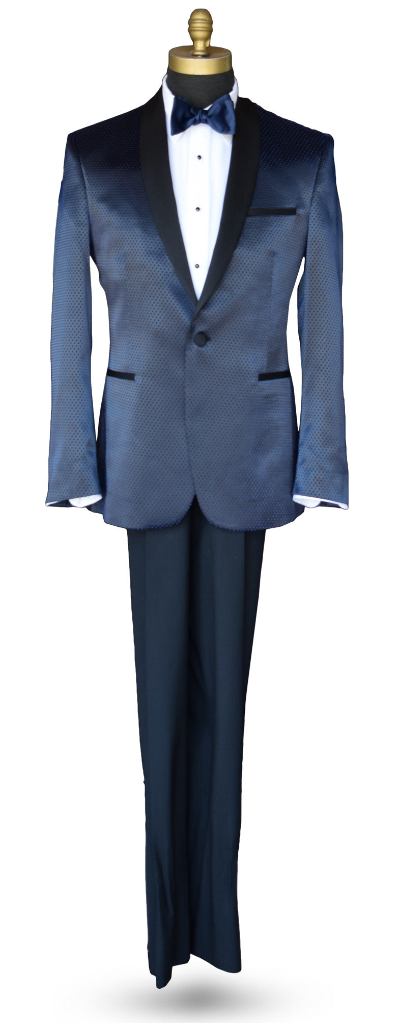 Blue shawl collar tuxedo on a mannequin with a blue satin bowtie against a white background