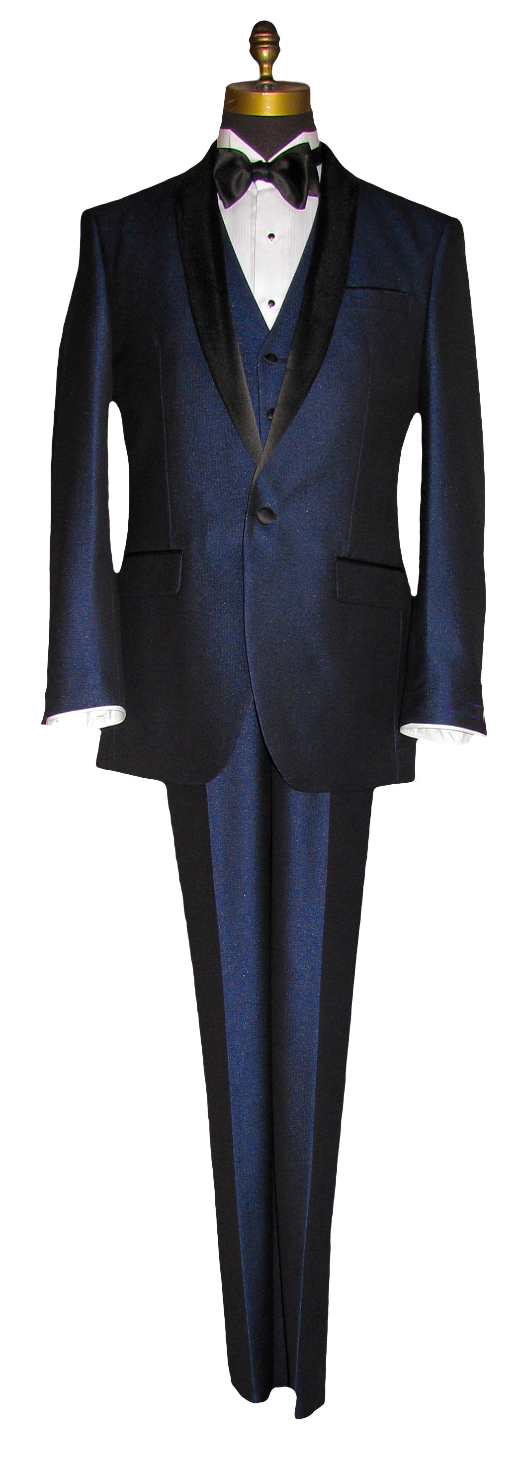 Blue shawl collar tuxedo with black lapel and matching vest on a mannequin with a white shirt and black bow tie.