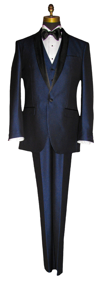 Blue shawl collar tuxedo with black lapel and matching vest on a mannequin with a white shirt and black bow tie.