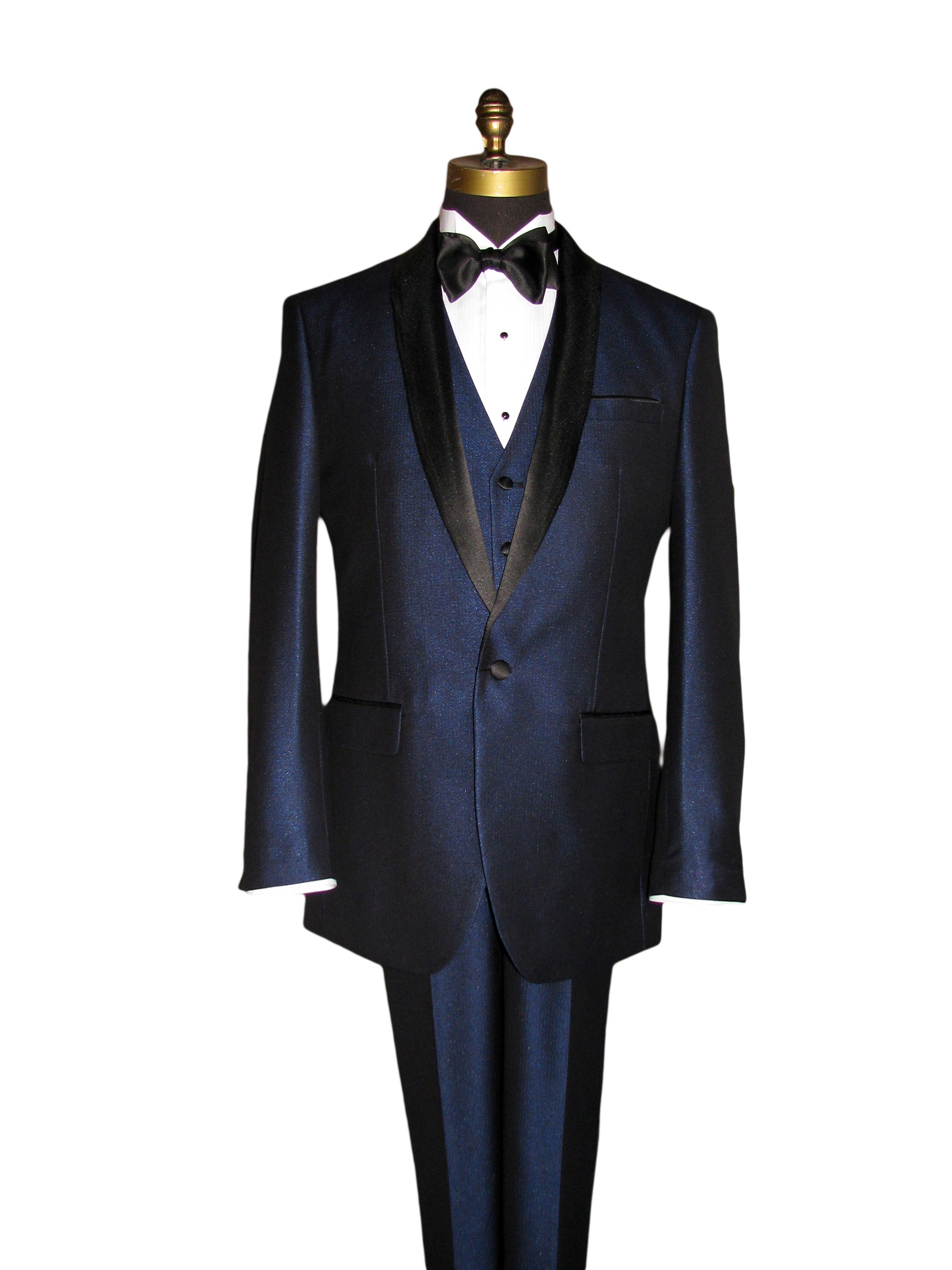 close-up Blue shawl tuxedo with matching blue vest wearing a black bow tie on a mannequin against a white background