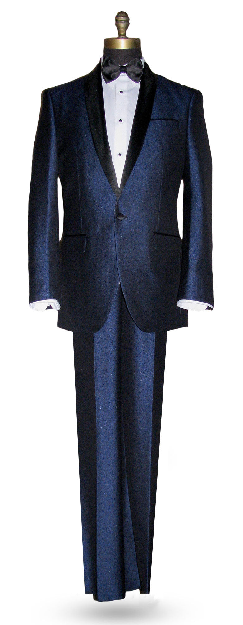 Blue tuxedo with black shawl collar tuxedo on a mannequin against a white background