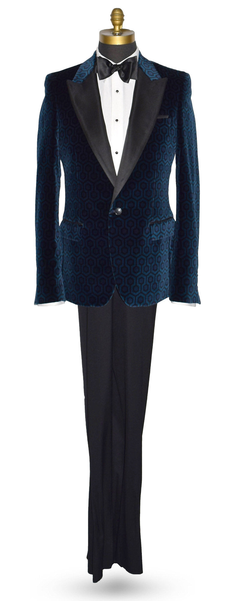 life size mannequin wearing a blue hexagon velvet tuxedo jacket with a white tuxedo shirt and a black satin tie-yourself bowtie against a white background
