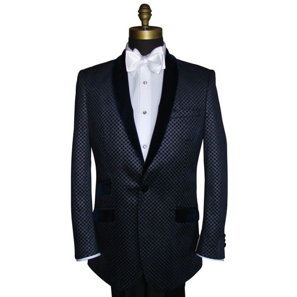 blue velvet dinner jacket with silver pattern on a mannequin with black pants and white bowtie