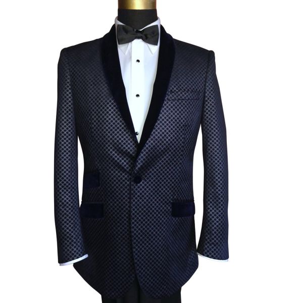 blue velvet dinner jacket with silver pattern on a mannequin with a black bowtie against a white background