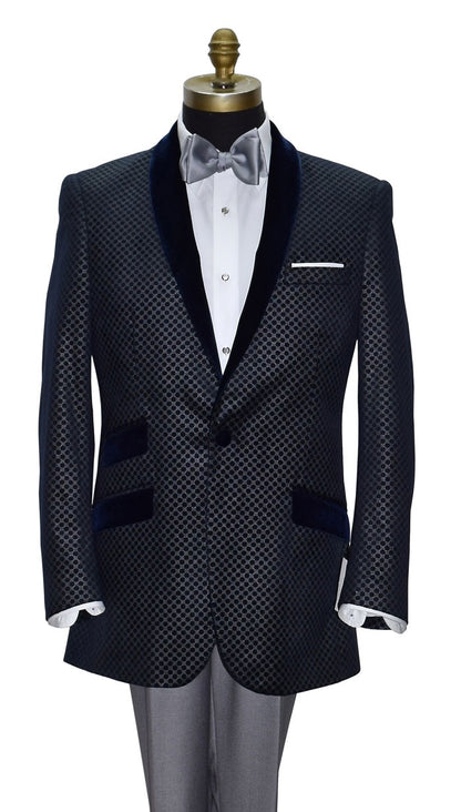 close-up blue velvet dinner jacket with silver pattern on a mannequin with gray pants and gray bowtie