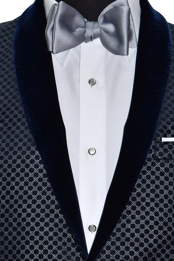 very close view-blue velvet dinner jacket with silver pattern on a mannequin with a gray bowtie
