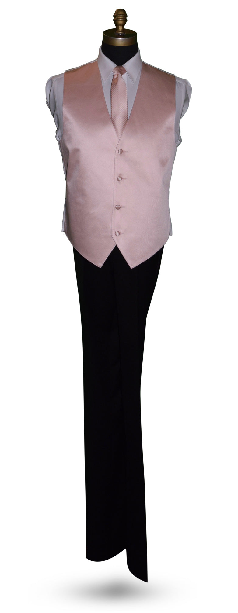 life size mannequin wearing a white dress shirt with a blush tuxedo vest and blush striped necktie with black tuxedo pants against a white background 