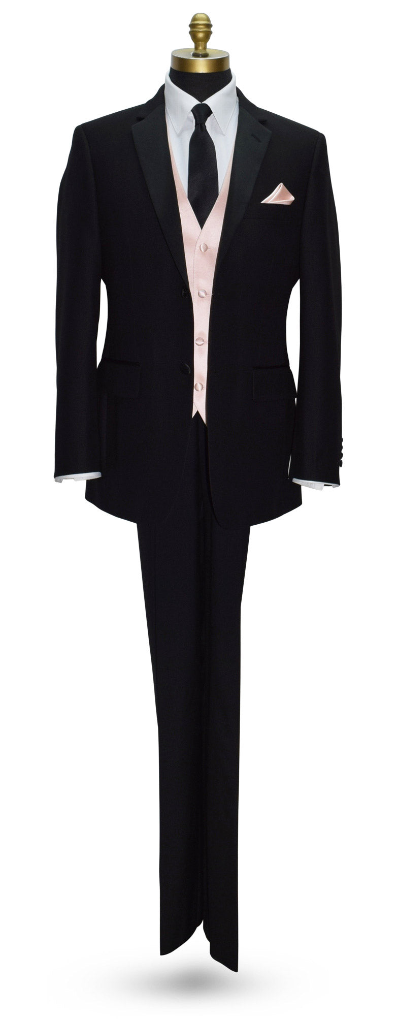 life size mannequin wearing a black notch-lapel tuxedo with a white dress shirt with a blush tuxedo vest and black satin necktie against a white background 