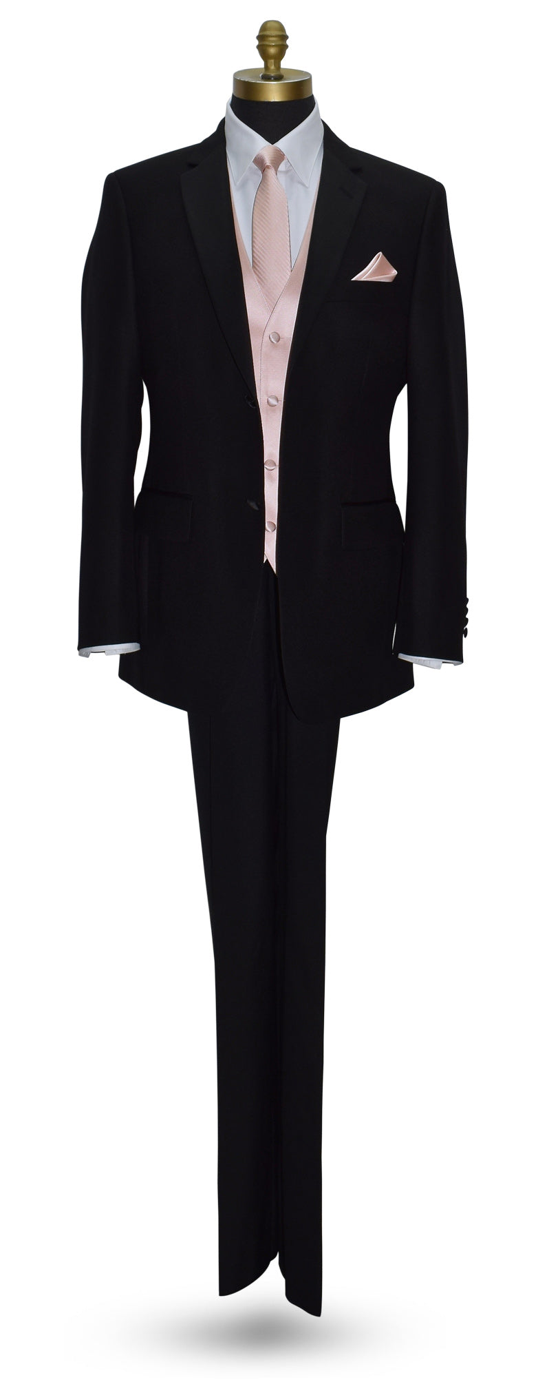life size mannequin wearing a black tuxedo with a white shirt and a blush tuxedo vest and blush striped necktie against a white background