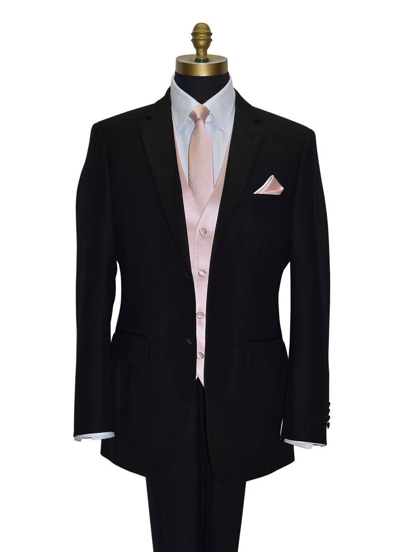 close-up black tuxedo with a white shirt and a blush tuxedo vest and blush striped necktie against a white background