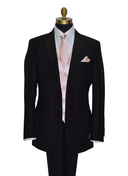 close-up black tuxedo with a white shirt and a blush tuxedo vest and blush striped necktie against a white background