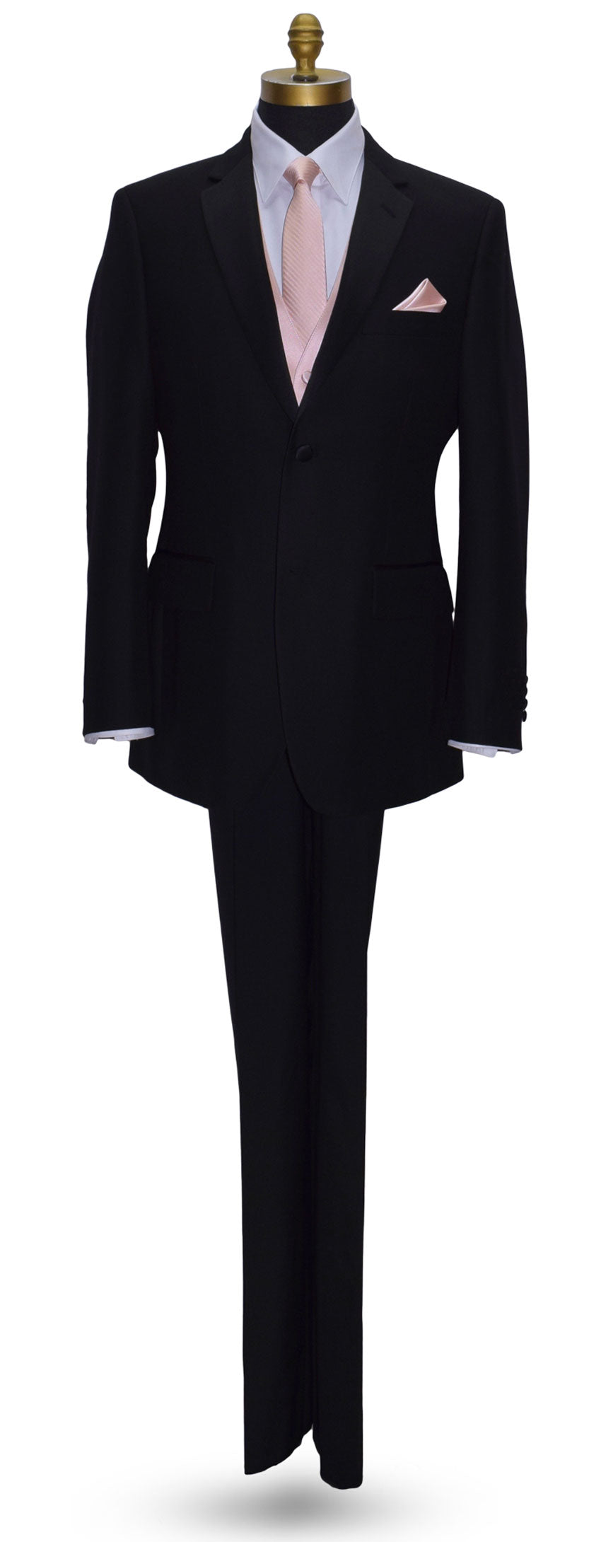 Black wedding suit with blush striped  necktie and blush tuxedo vest and pocket square on a mannequin against a white background