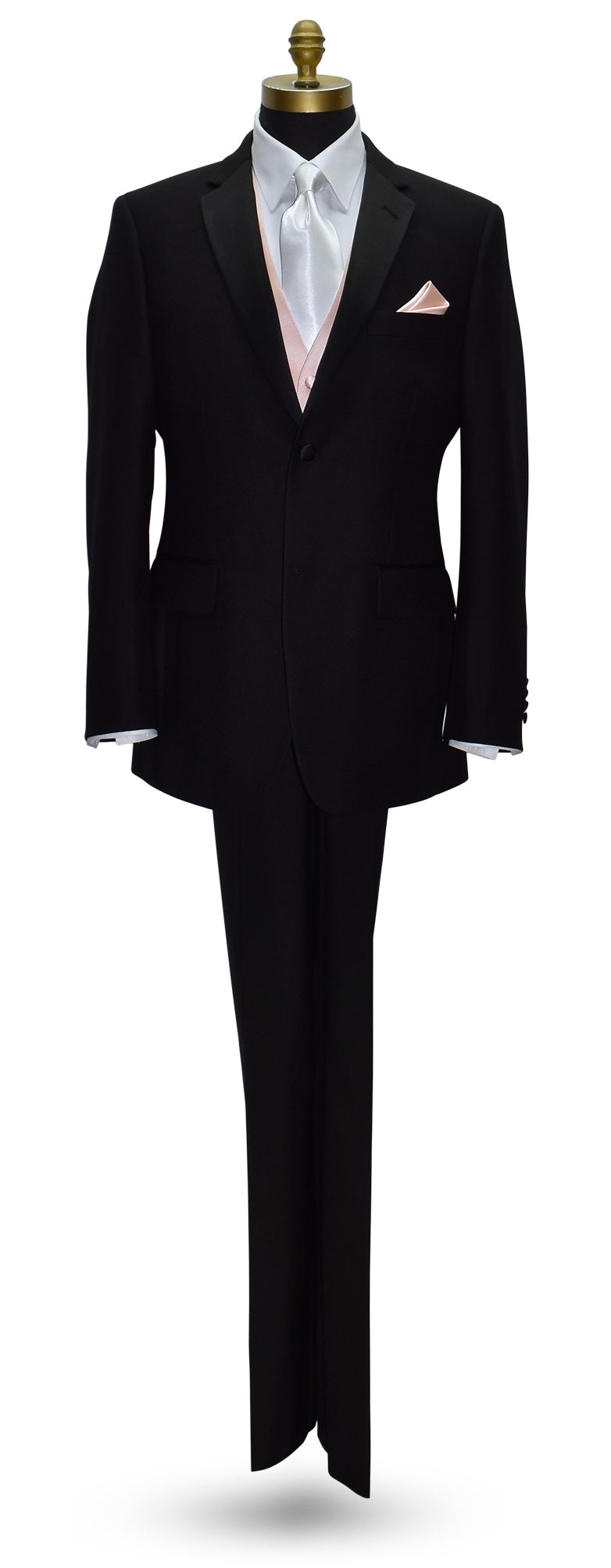 life size mannequin wearing a black notch-lapel tuxedo with a white dress shirt and a blush tuxedo vest with a white satin necktie against a white background