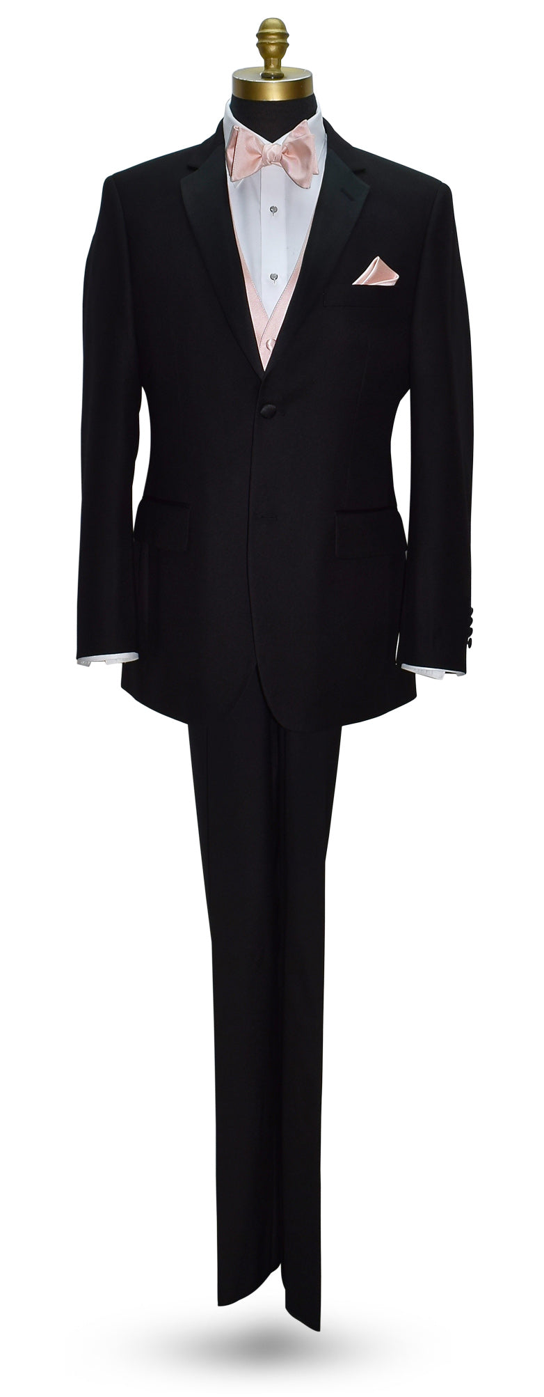 life size mannequin wearing a black notch-lapel tuxedo with a white dress shirt and a blush tuxedo vest with a blush "tie-yourself" bowtie against a white background
