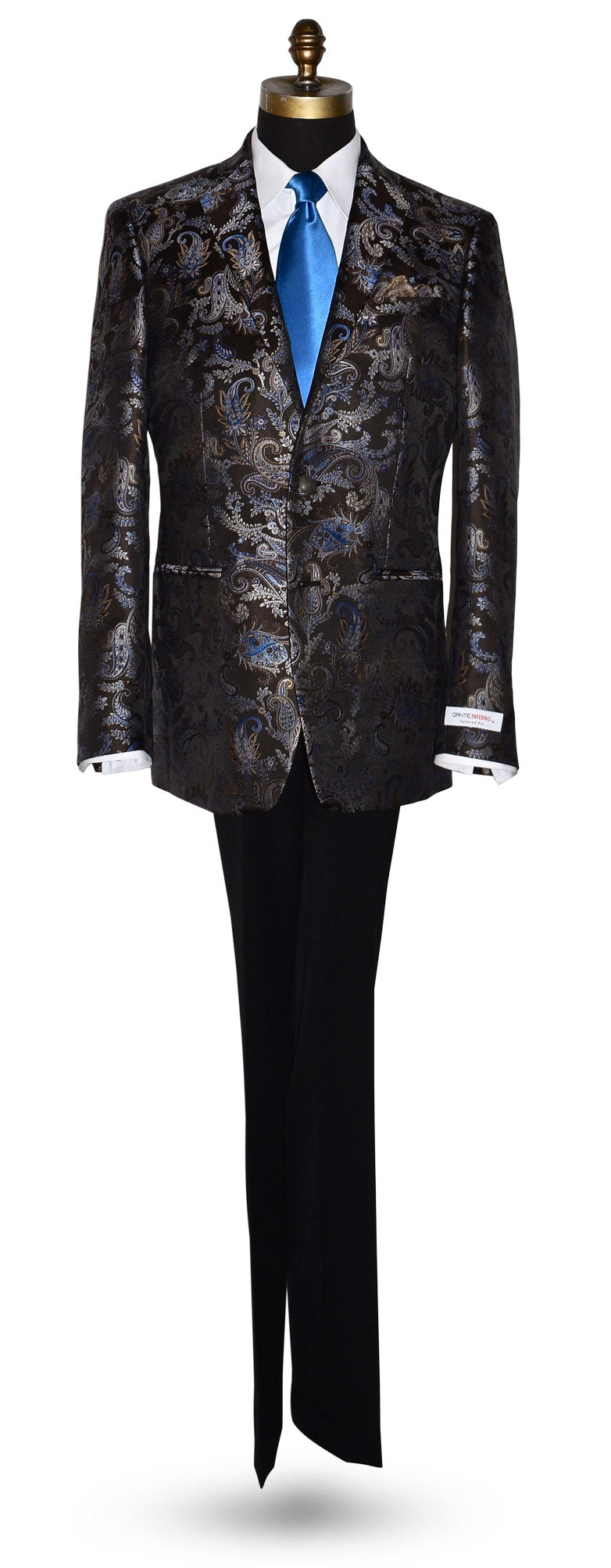 mannequin wearing a brown and blue paisley dinner jacket with long blue dress tie and a Dante Inferno Brand Label against a white background