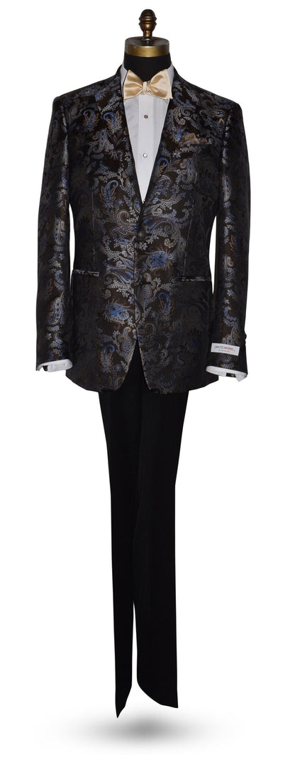 life size mannequin wearing a brown dinner jacket with blue paisley pattern with an ivory "tie-yourself" bowtie against a white background 