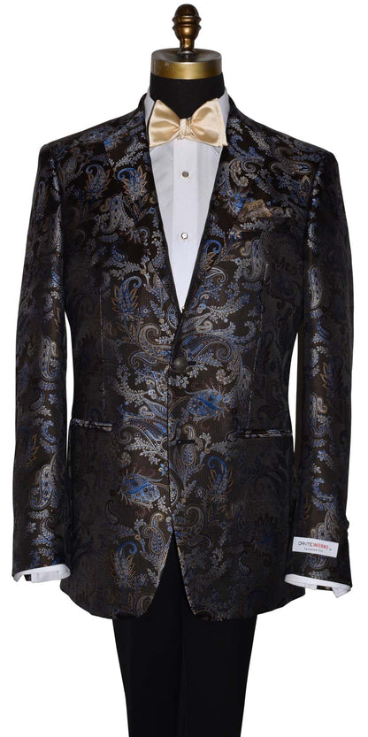 Close up of mannequin wearing a brown and blue paisley suit jacket with a champagne colored bowtie against a white background