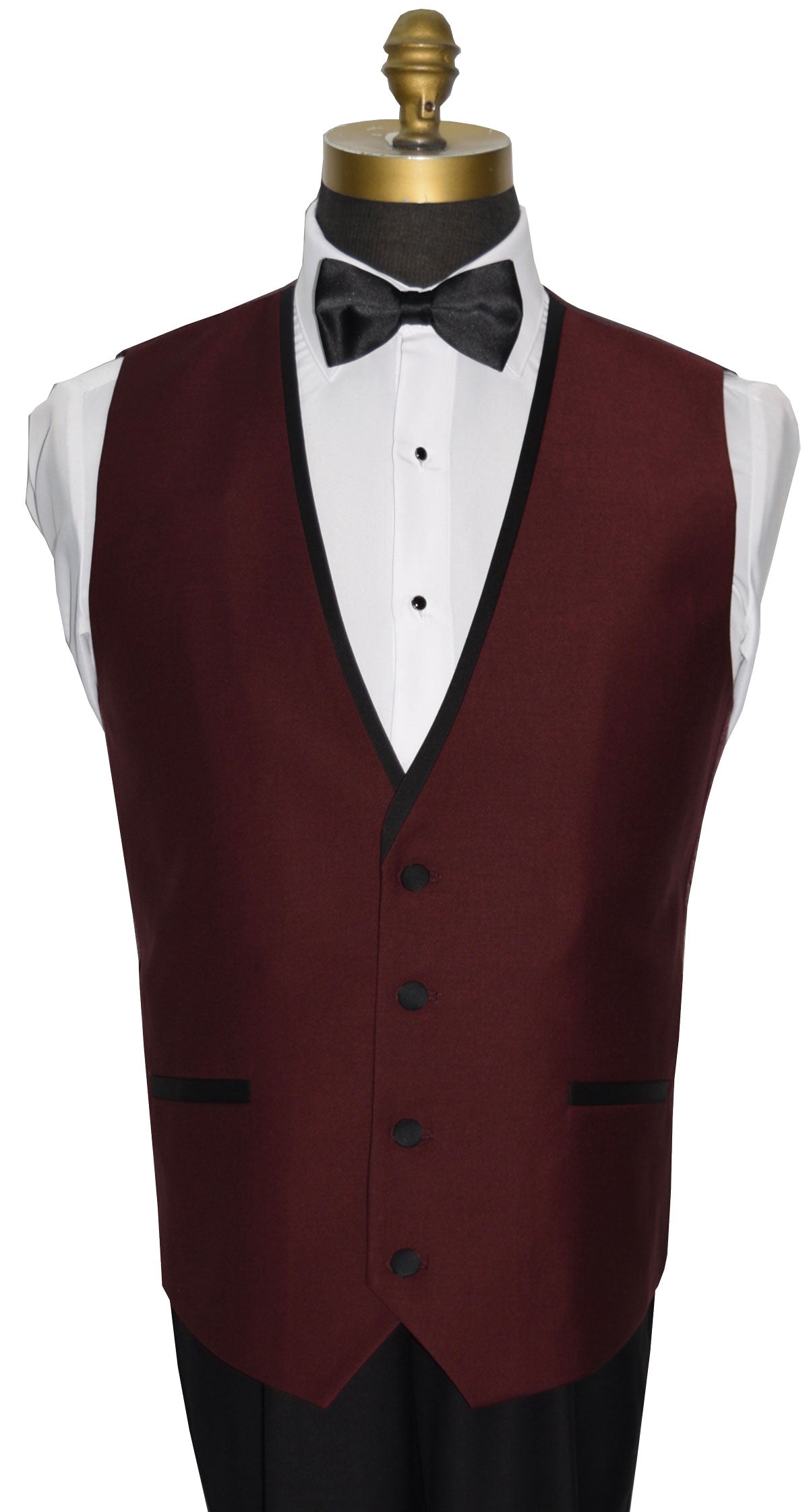 burgundy tuxedo vest with black trim on a mannequin against a white background