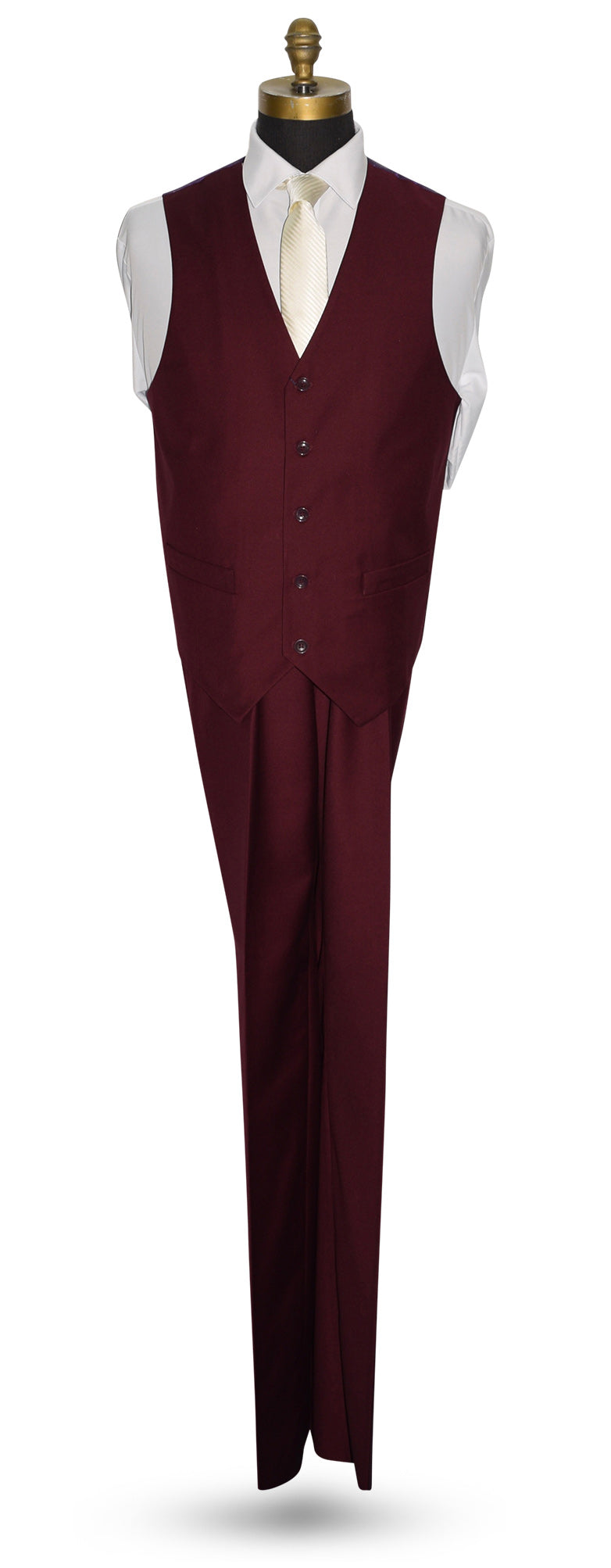 burgundy vest and pants on a mannequin with a white shirt underneath.