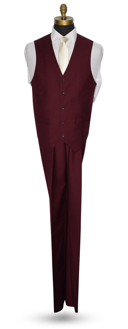 burgundy vest and pants on a mannequin with a white shirt underneath.