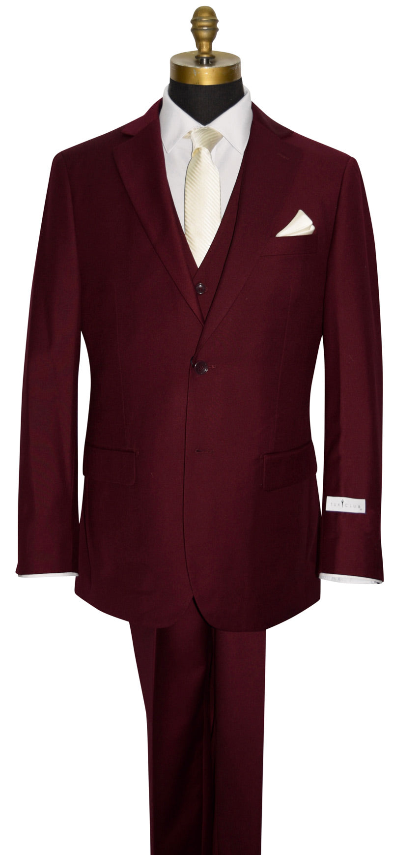 close-up Burgundy 3-suit on a mannequin with a white shirt and ivory necktie and pocket square against a white background