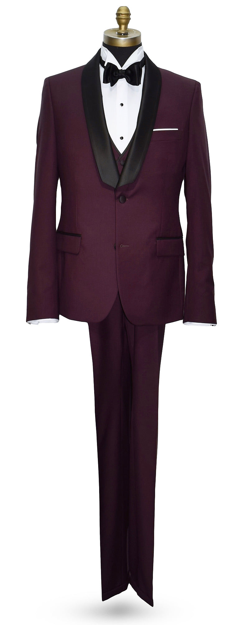 life size mannequin wearing a Burgundy shawl collar tuxedo with black lapels, a white wing collar tuxedo shirt with a black satin bowtie and the matching burgundy vest against a white background
