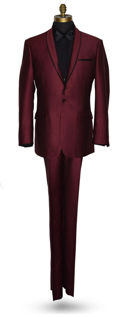 life size mannequin wearing a burgundy shawl collar tuxedo with a black shirt and black bow tie on a mannequin against a white background